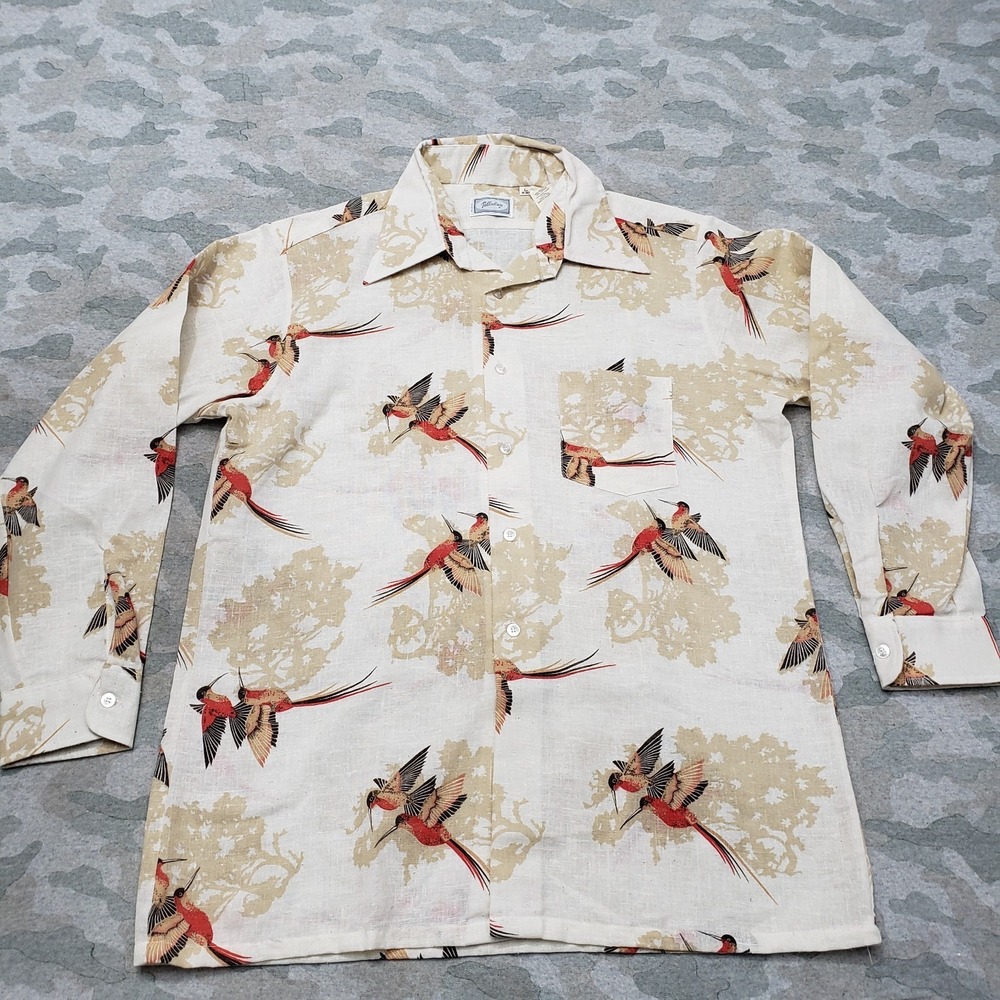 Vintage Palladium Shirt Men Large Beige Hawaiian Long Sleeve Button Humming Bird